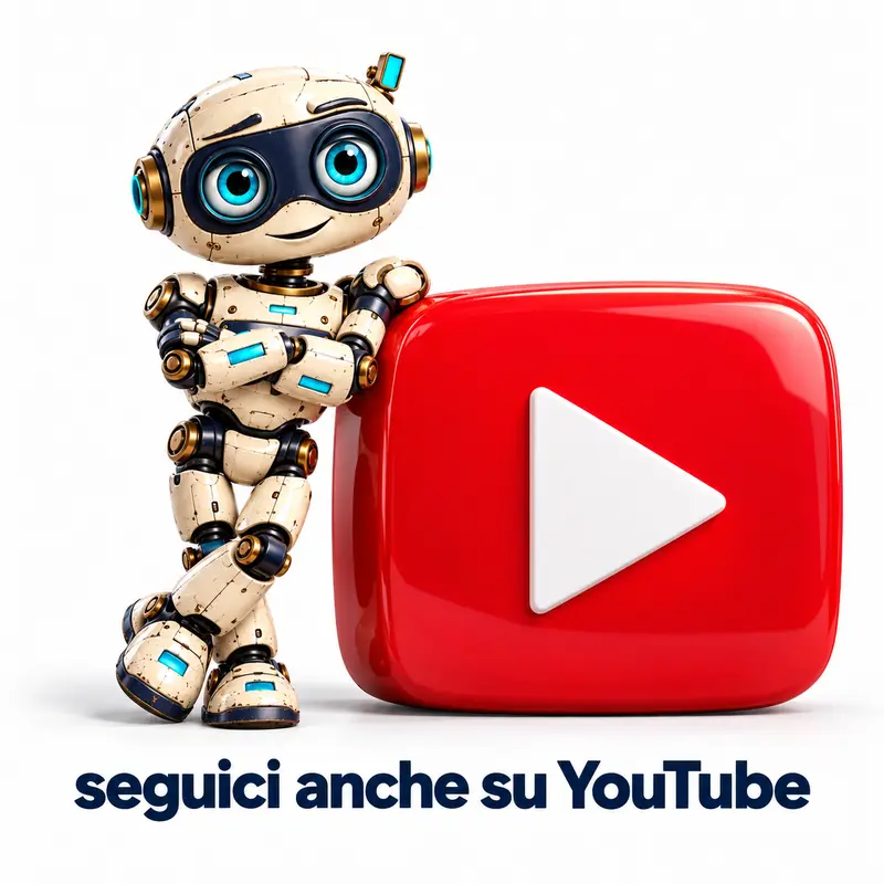 Faindo, il robottino mascotte di FAIND, appoggiato al logo di YouTube: seguici anche su YouTube