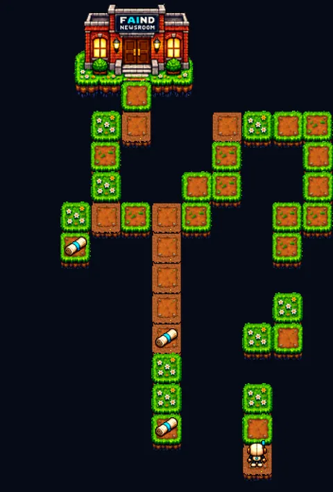 Screenshot of FAIND Lost Signal: Faindo on floating tiles leading to the FAIND Newsroom building, with newspaper scrolls on the way