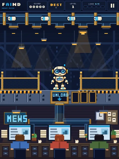 Screenshot of FAIND News Rush: Faindo catching news scrolls in the newsroom