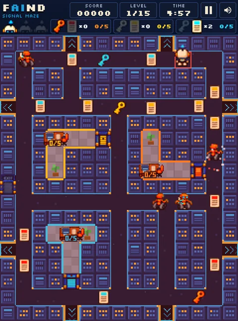 Screenshot of FAIND Signal Maze: Faindo in a top-down office maze with robots, keys and documents
